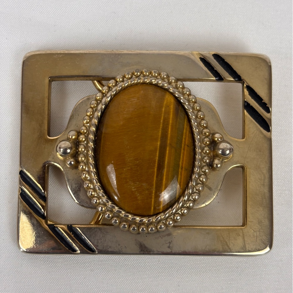 Vintage Belt Buckle Tiger's Eye Gemstone 70's 80's Western Ornate Southwestern - Picture 1 of 5